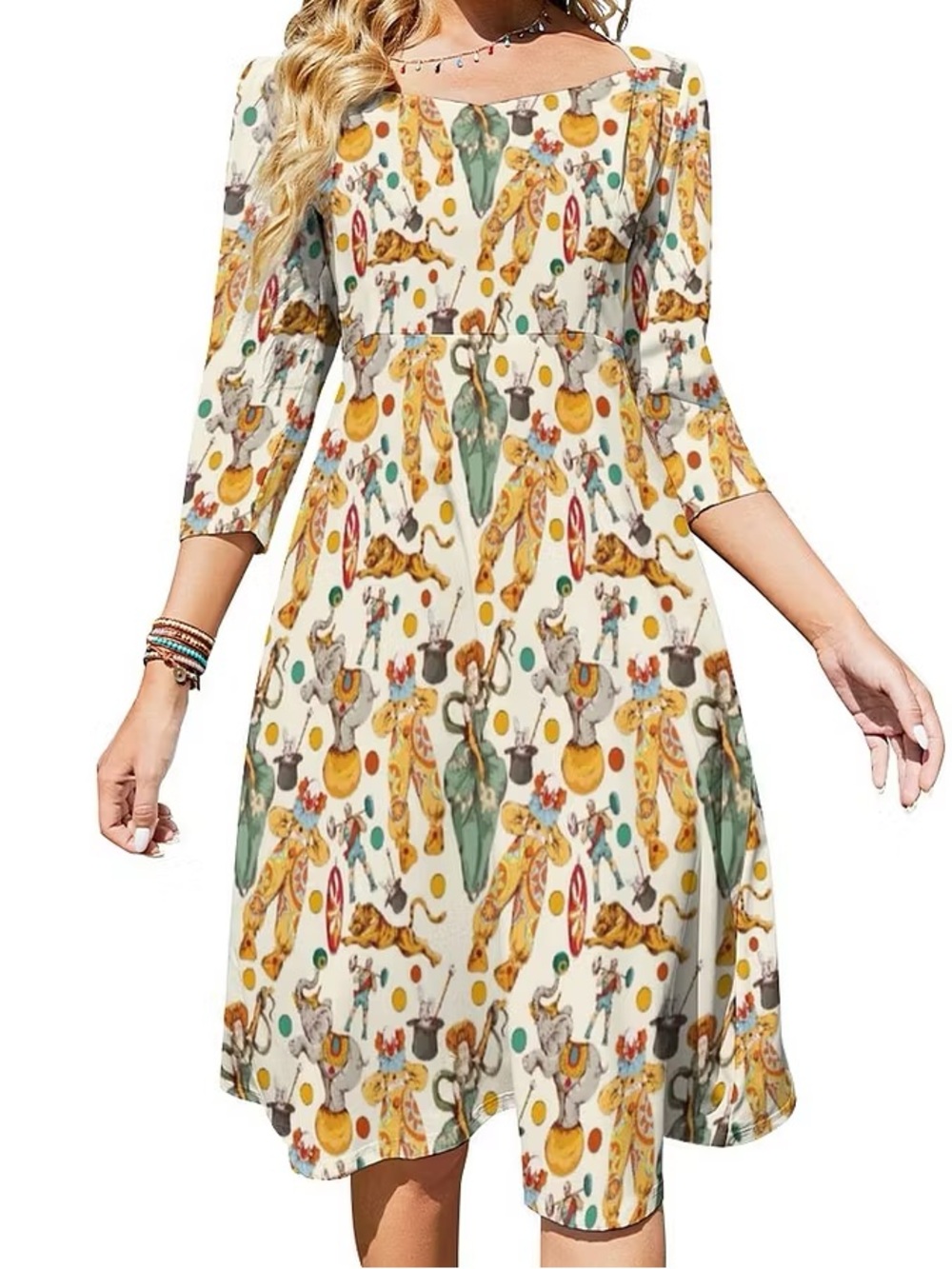Vintage Clown Animal Print Midi Dress Retro Sweetheart Tie Back 3/4 Sleeves XL - Picture 2 of 5